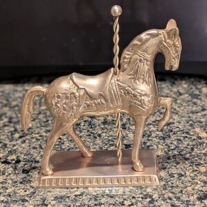 Vintage Solid Brass Carousel Merry-Go-Round Horse & Pole on Platform